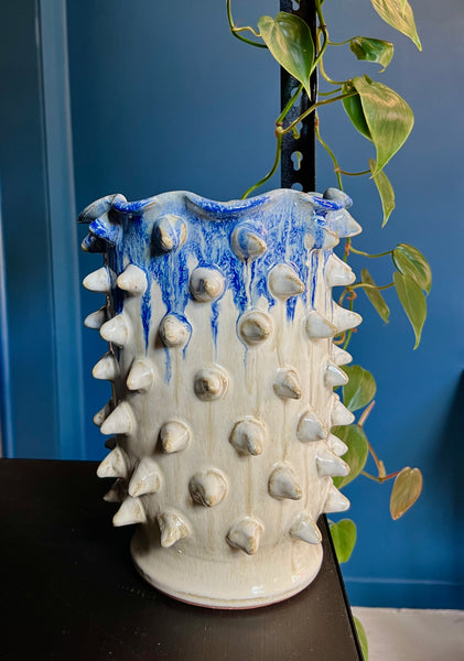 Spike Ceramic Vase - White + Blue