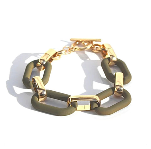 Statement Link Bracelet - Olive/Gold