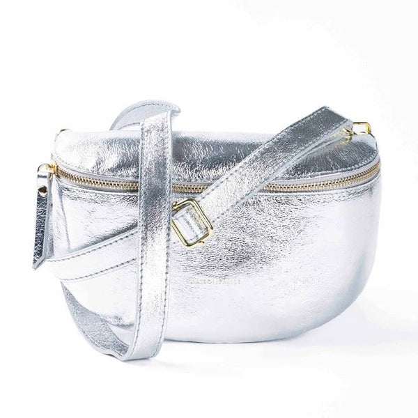 Metallic Crossbody Leather Bum Bag - Silver