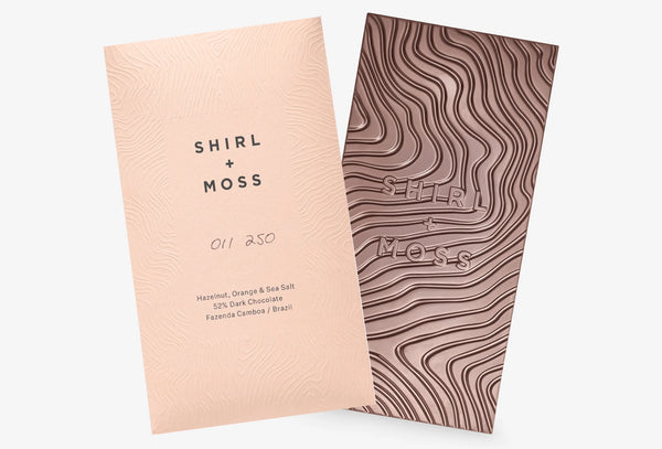 Shirl+ Moss Hazelnut, Orange + Sea Salt 52% Chocolate bar